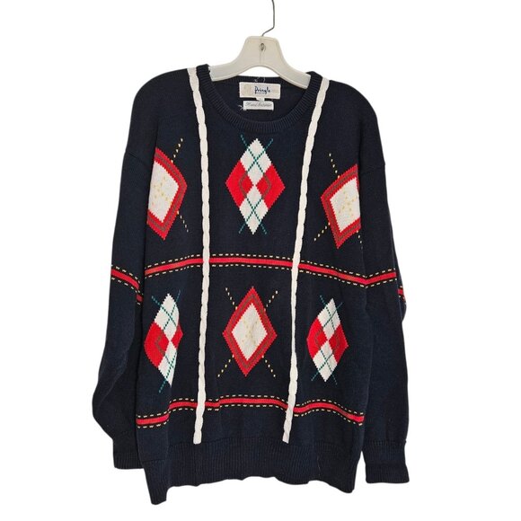 Pringle Of Scotland Men's 100% Cotton Navy Argyle Sweater Size Large - Picture 1 of 5